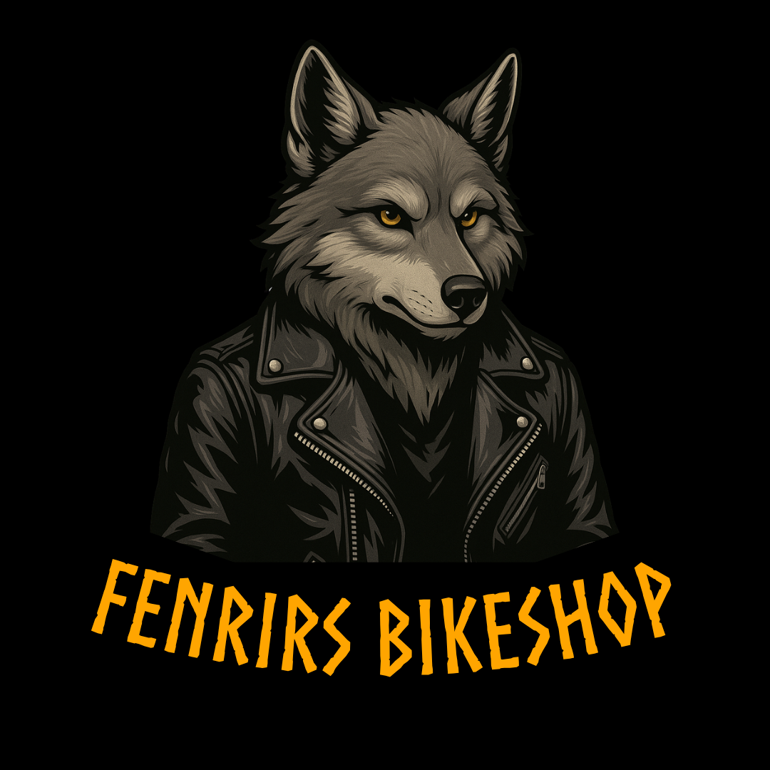 Gezeichneter Wolf in Lederjacke, darunter die Worte Fenrirs Bikeshop. Das Logo der E-Scooter Werkstatt in Kaiserslautern